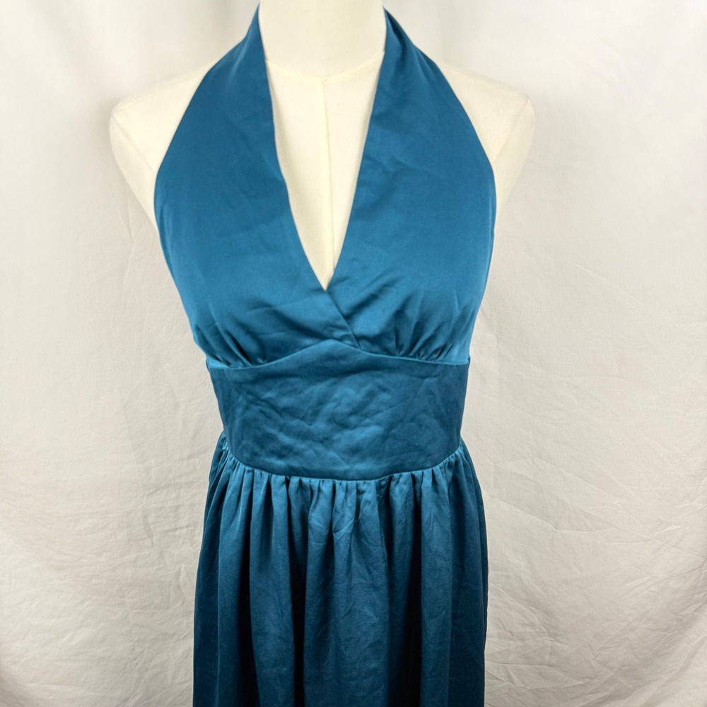 Labera Satin Teal Blue Halter Maxi Dress Plunging Bodice Formal Classic Timeless - Picture 2 of 8